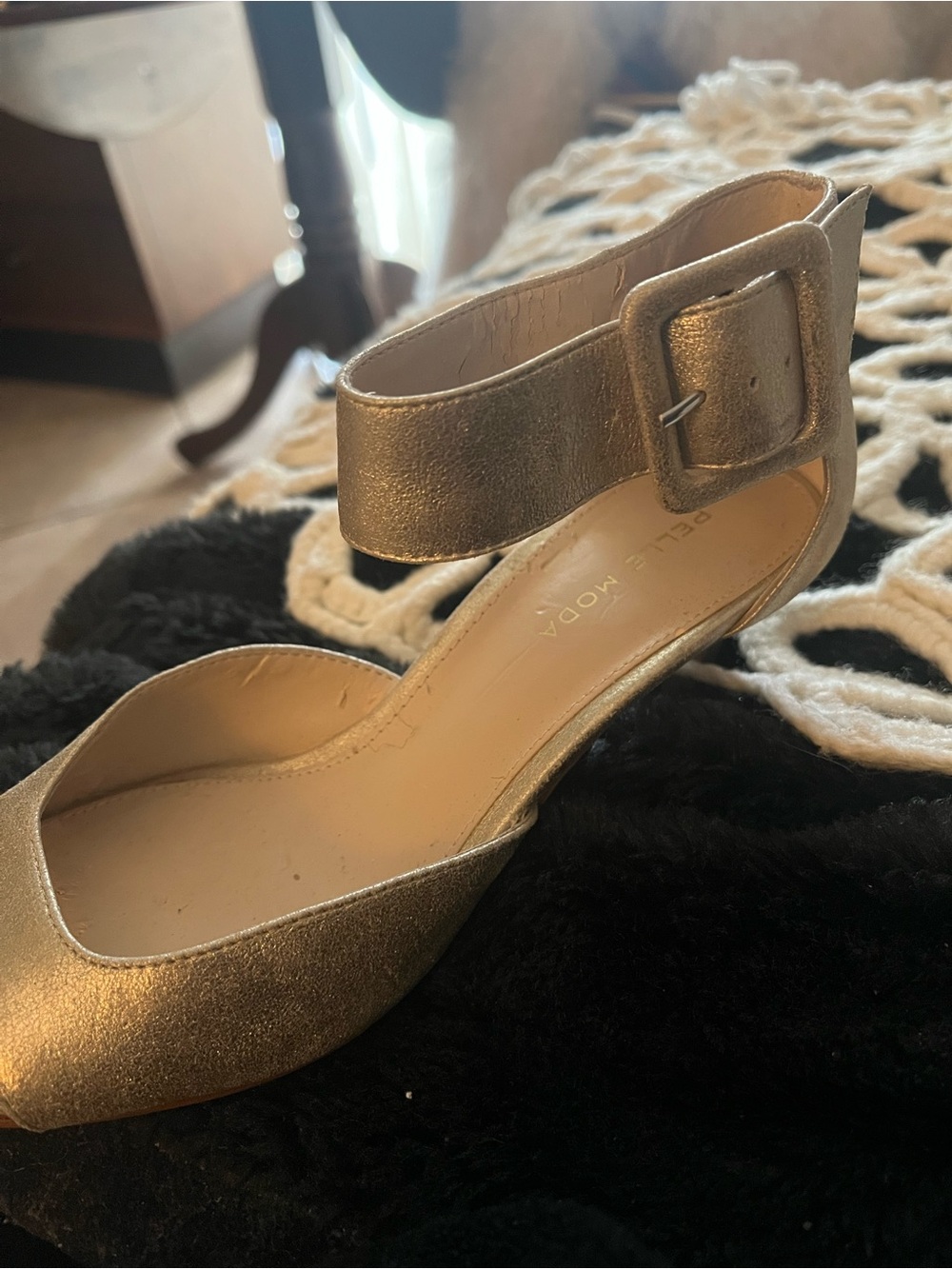 Pelle Moda Metallic Gold Ankle Strap Heel